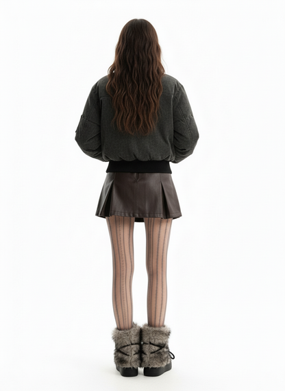 Vintage Distressed Pleated Shearling Collar Fleece Jacket