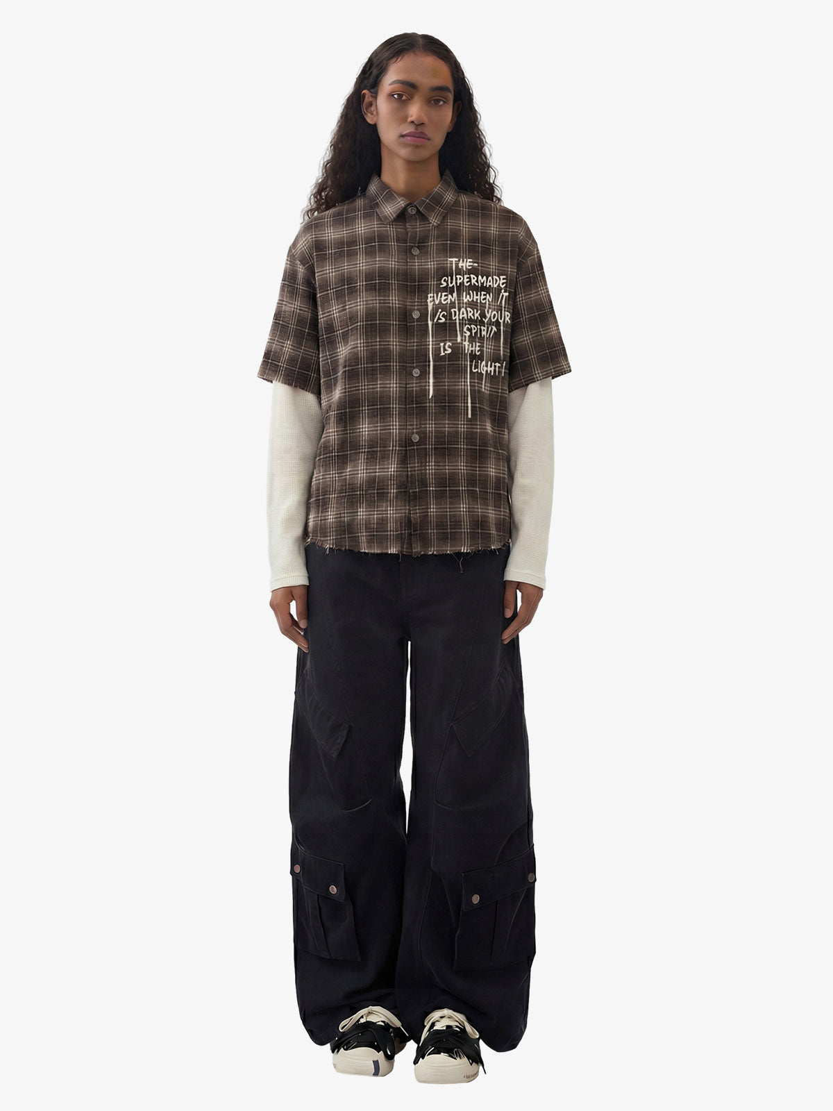 Cotton Street Distressed Plaid Faux Two-Piece Shirt