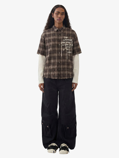 Cotton Street Distressed Plaid Faux Two-Piece Shirt