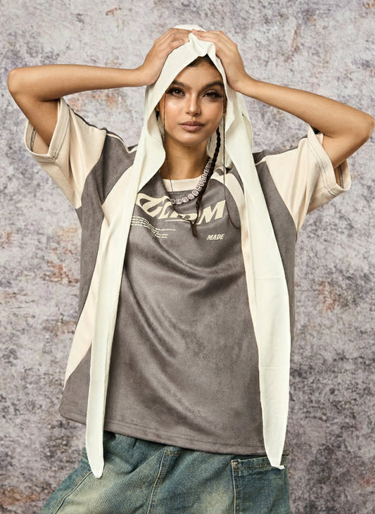 Jersey Deconstructed Contrast Color Stitching Print T-shirt - 2407 