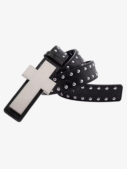 Studded Black Leather Belt with Cross Buckle for Men and Women?