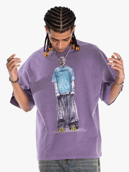 300G Jade Pattern Dyed Cotton Oversized T-Shirt with Skeleton Graphic Print Streetwear?