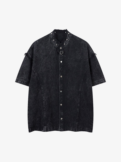 Rivet Deconstructed Split Stitching Denim Short-sleeved Shirt 