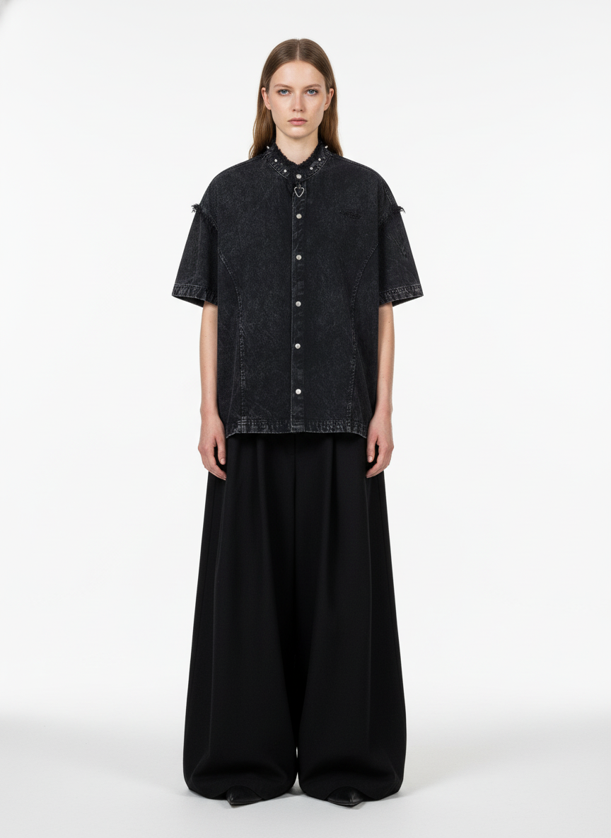 Rivet Deconstructed Split Stitching Denim Short-Sleeved Shirt