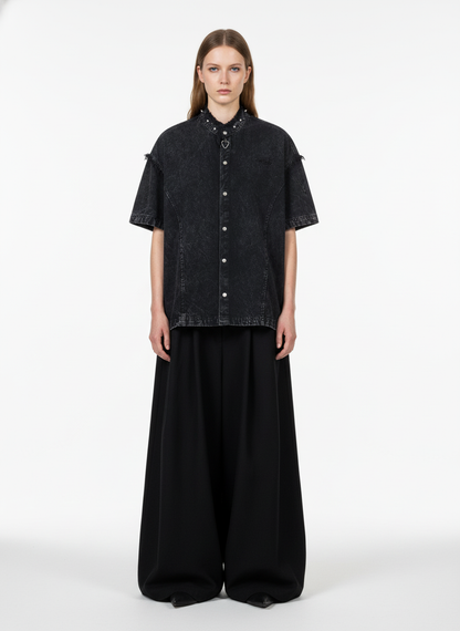 Rivet Deconstructed Split Stitching Denim Short-Sleeved Shirt