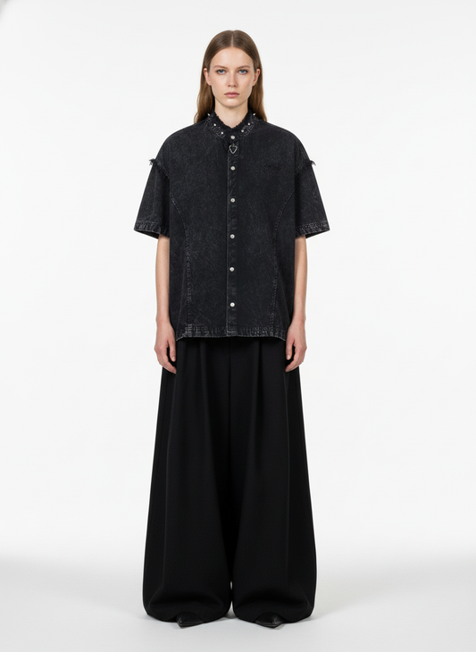 Rivet Deconstructed Split Stitching Denim Short-Sleeved Shirt