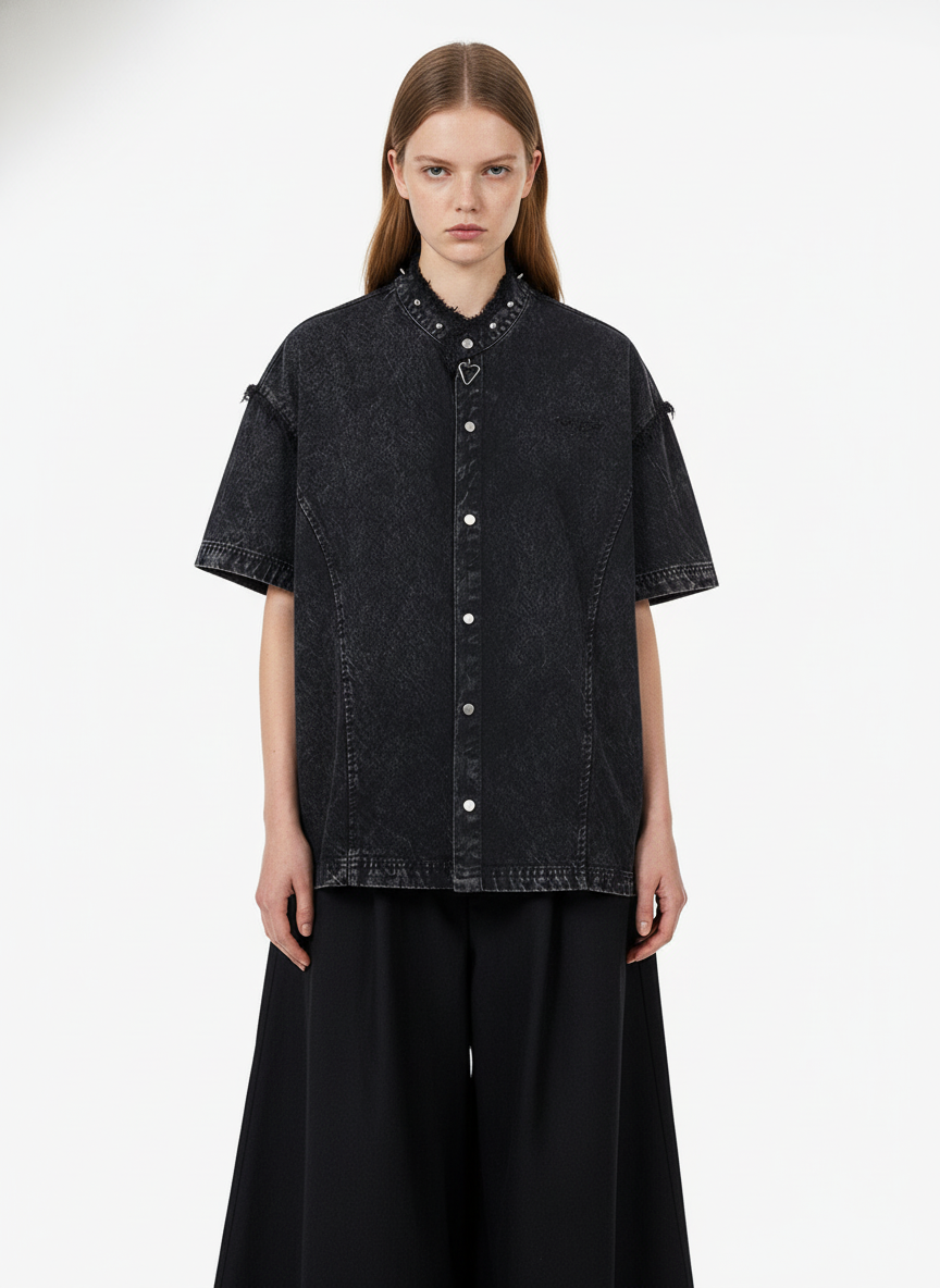 Rivet Deconstructed Split Stitching Denim Short-Sleeved Shirt