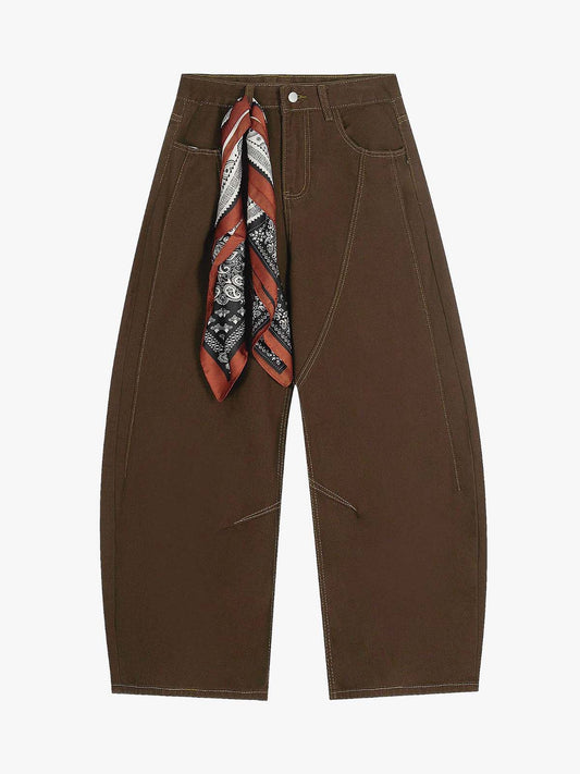 Cotton Wide-Leg Brown Trousers with Bandana Tie Waist Detail 