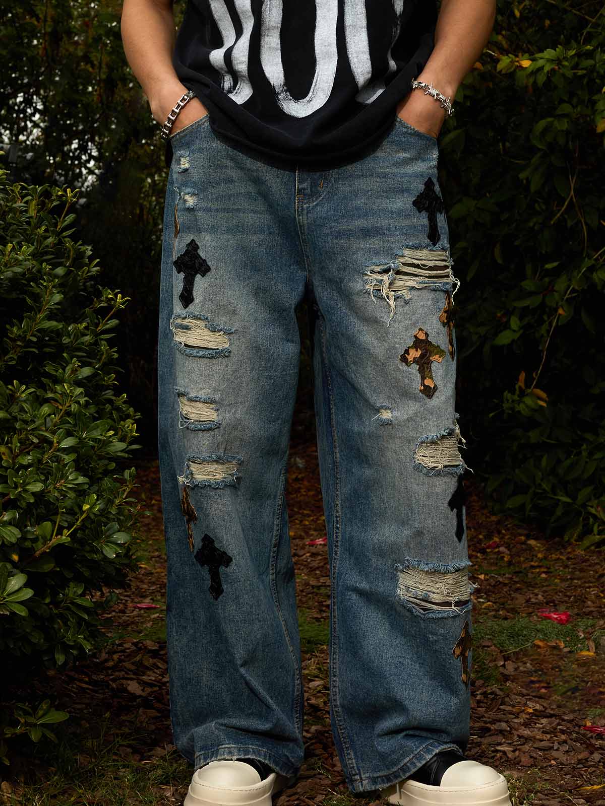 Denim Wide Leg Cropped Pants with White Stripe Design High Waist Fashion Trousers for Women 