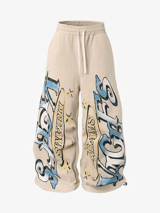 Retro Fleece-Lined Letter Graffiti Print Baggy Sweatpants