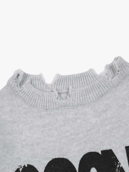 Letter Print Ripped Crew Neck Sweater 