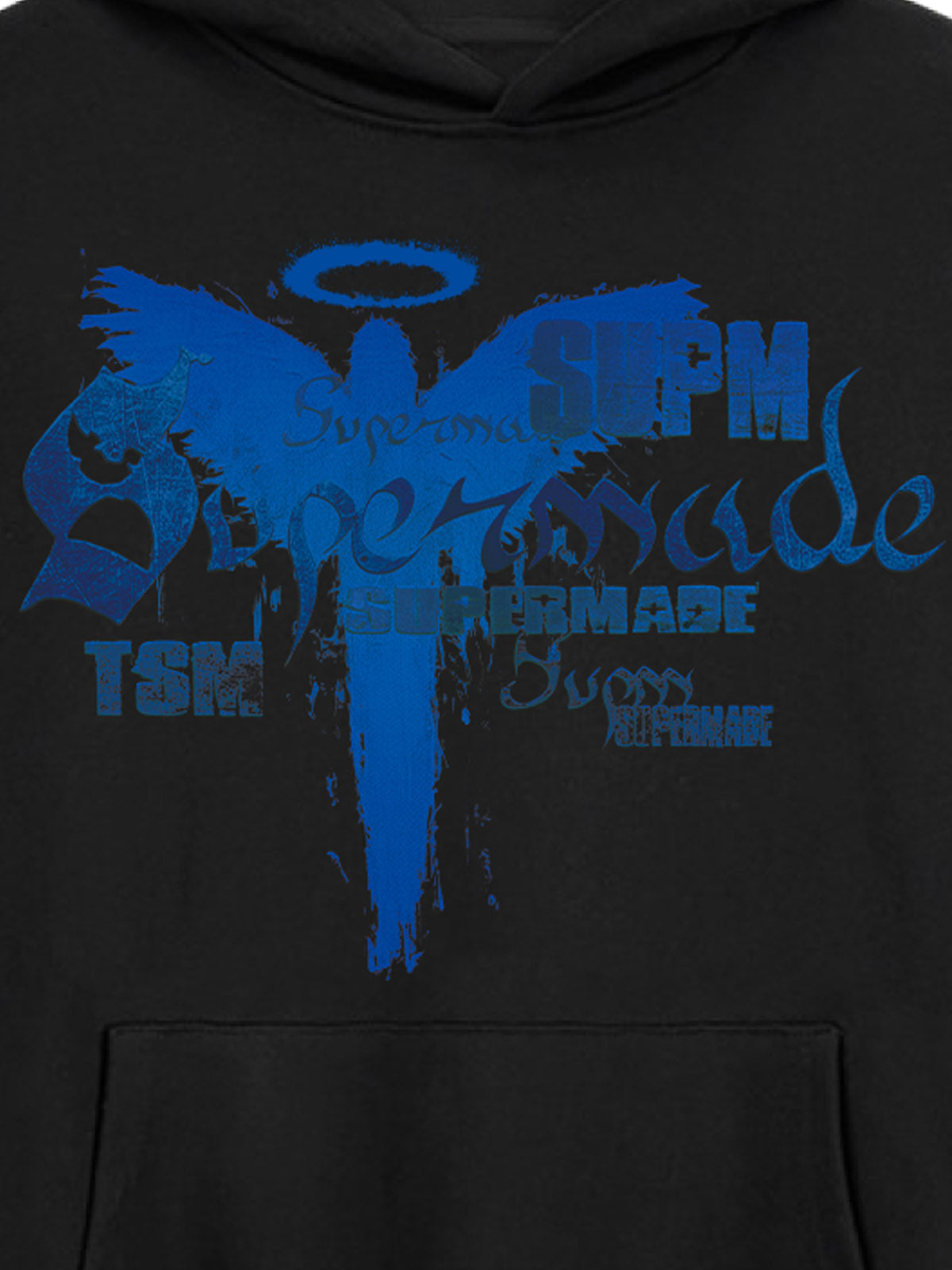 THE SUPERMADE A distressed trend print pattern hoodie that combines angel wings and gothic font elements 