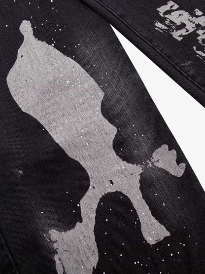 Retro Rhinestone Graffiti Washed Straight Jeans 