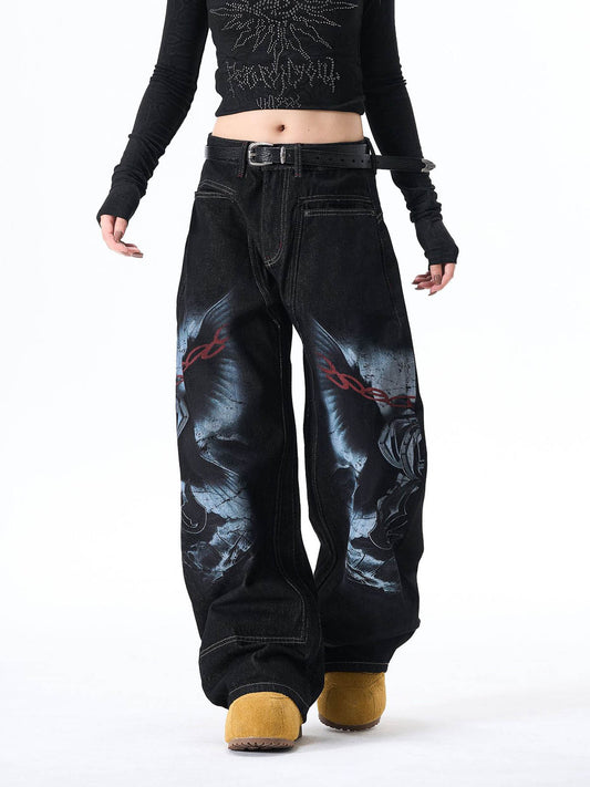 Dark Gothic Graphic Wide-Leg Jeans 