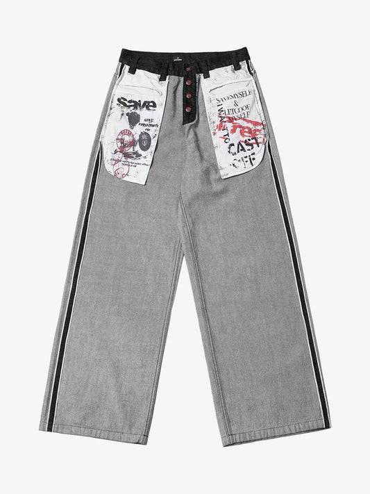Stylish Wide-Leg Denim Trousers with Graphic Patches and Side Stripes 