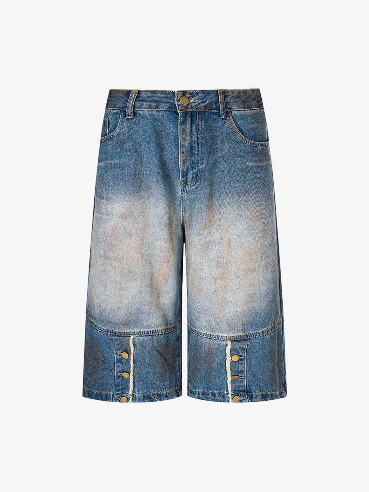 Street Retro Distressed Buttons Raw Edge Dirty Denim Shorts 