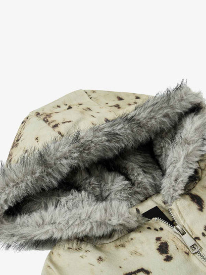 Splatter Print Faux Fur Collar Ruched Sleeve Zip-Up Jacket