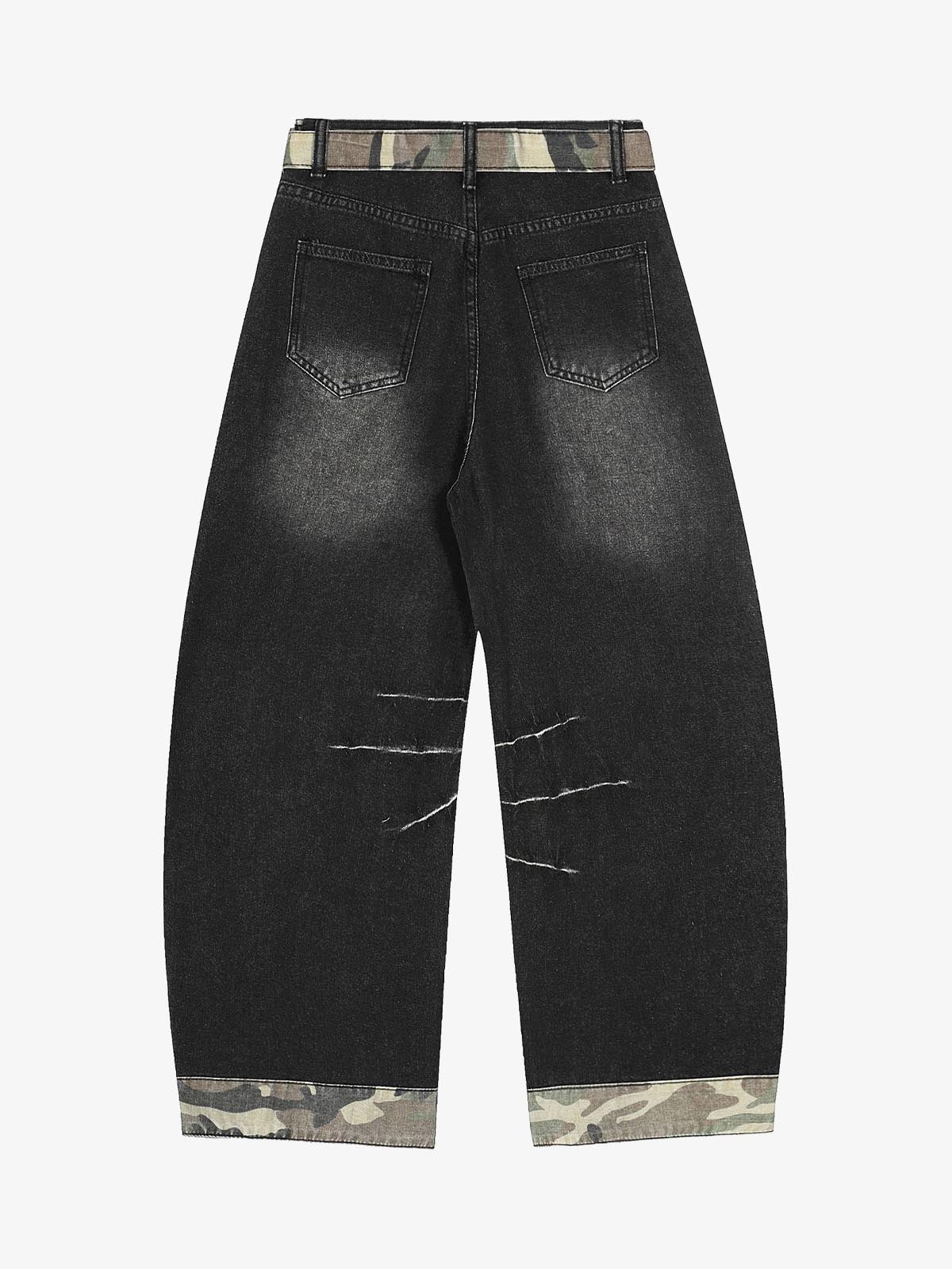 Distressed Camo-Trimmed Denim Trousers with Adjustable Waist 
