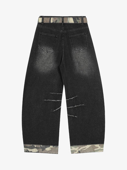 Distressed Camo-Trimmed Denim Trousers with Adjustable Waist 