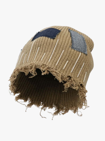 Distressed Denim Patchwork Beanie 