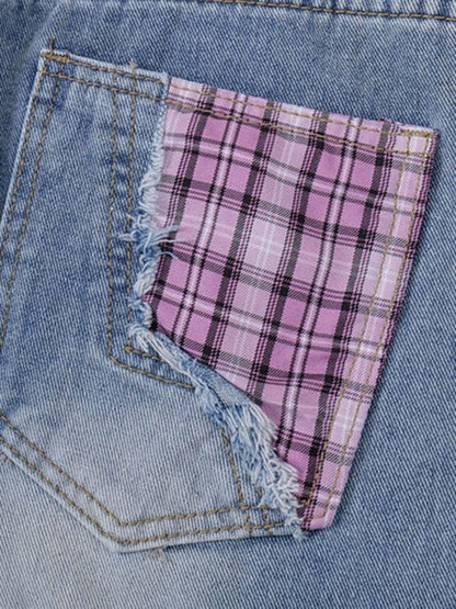 Street Ripped Plaid Bow Jeans 