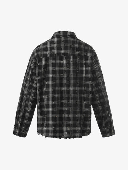 Ripped Plaid Cotton Long Sleeve Shirt for Men - Distressed Checkered Button-Up Casual overshirt?