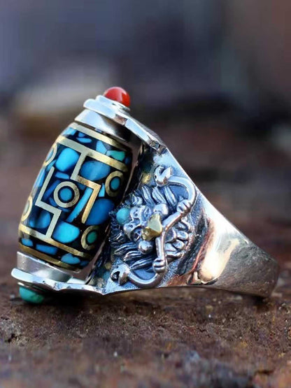 Sterling Silver Turquoise and Coral Inlay Ring with Ancient Chinese Pattern and Om Symbol 