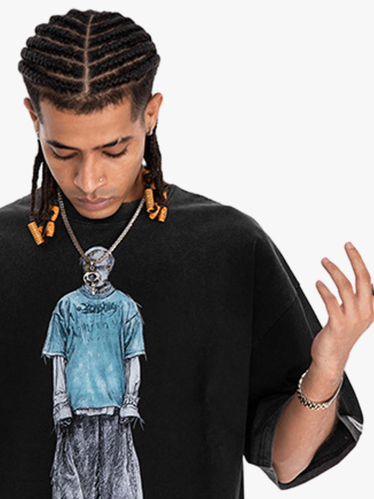 300G Jade Pattern Dyed Cotton Oversized T-Shirt with Skeleton Graphic Print Streetwear?