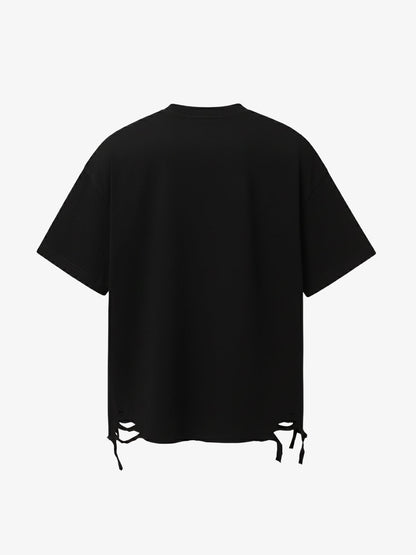 Oversized Flame Logo Skull Print T-Shirt with Ripped Hem 