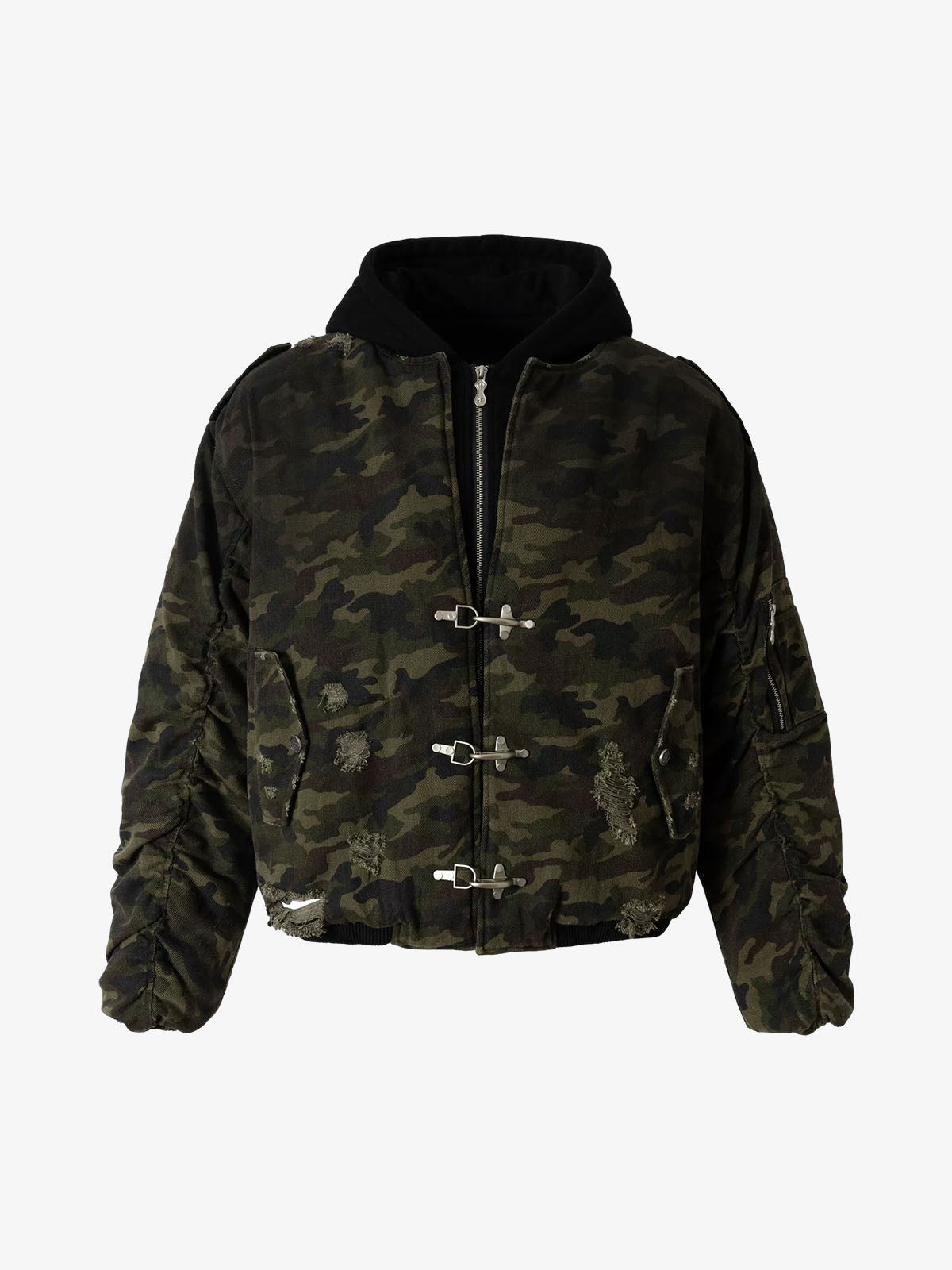 Camouflage Hooded Jacket with Distressed Details and Toggle Closure 
