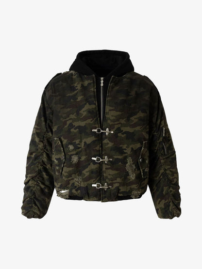 Camouflage Hooded Jacket with Distressed Details and Toggle Closure 
