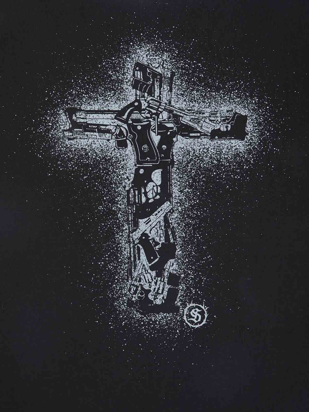 Supermade Distressed Rebellious Gun and Cross Print T-Shirt?