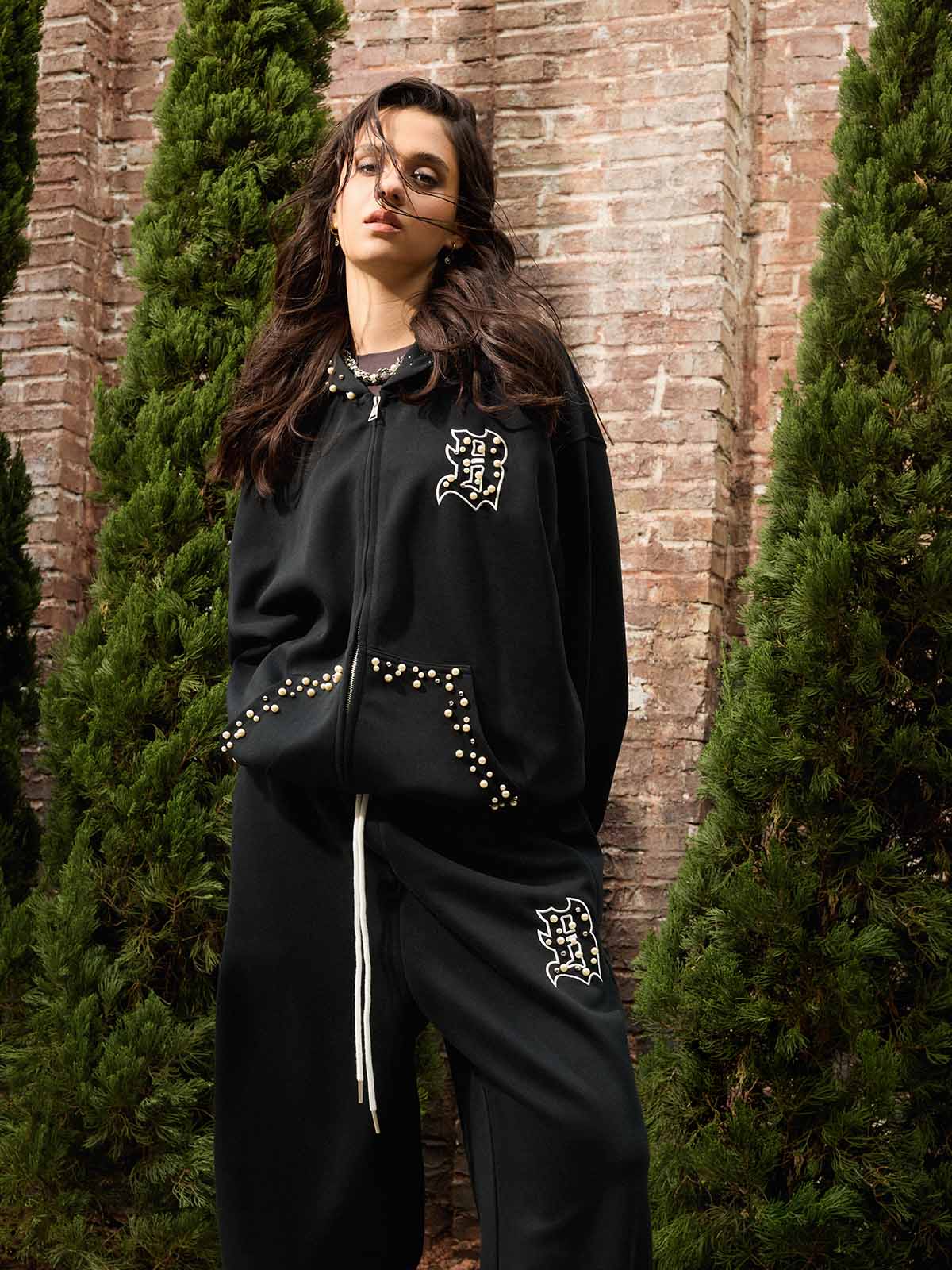 Cotton Blend Embroidered Pearl Detail Track Jacket with Zip Front and Hood 