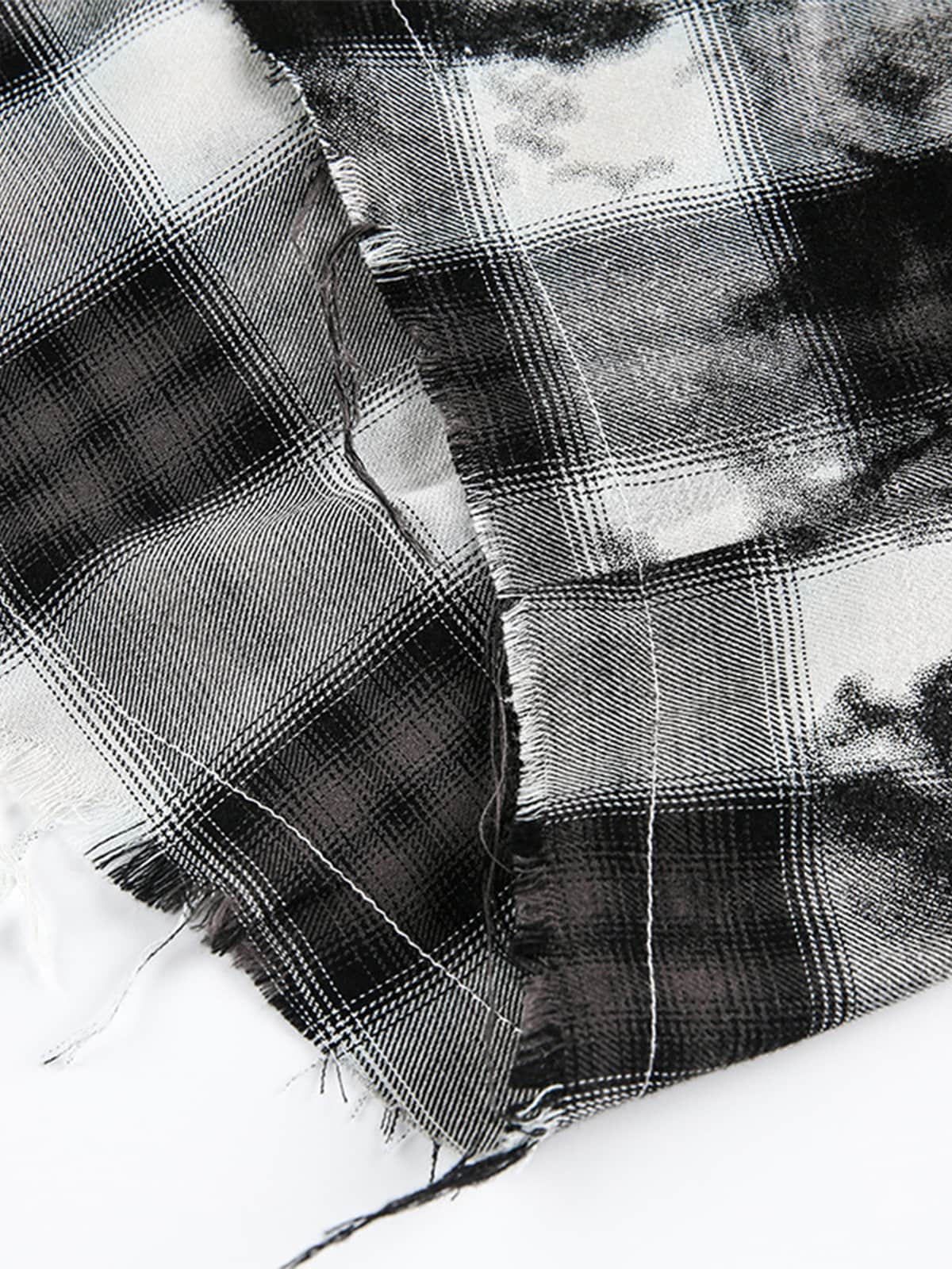 Washed Cotton Plaid Long Sleeve Shirt with Distressed Pattern and Chest Pocket 