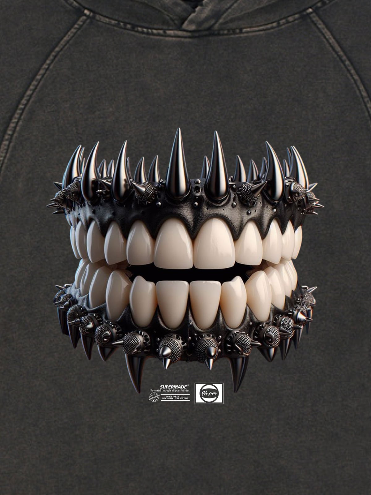 Thesupermade American Retro Dark Teeth Print Distressed Cropped Hoodie 