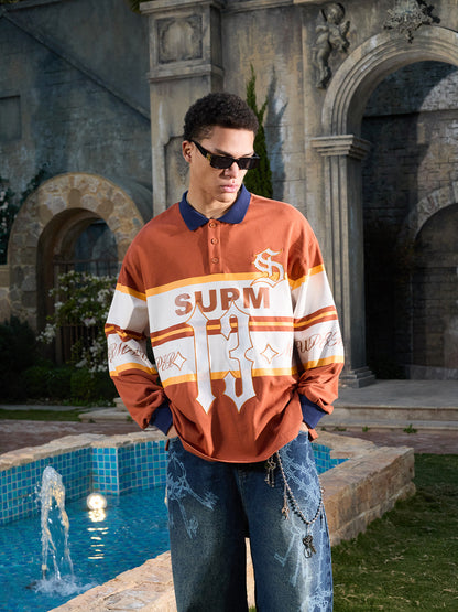 Supermade Color-Blocked Polo Collar Embroidered Print Long-Sleeved Jersey?