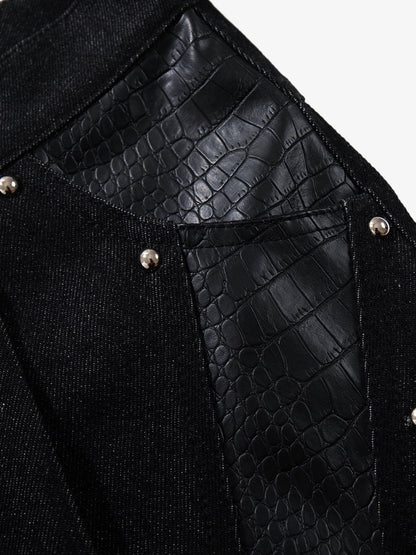 Black Denim Wide-Leg Cropped Pants with Leather Panels and Stud Details?