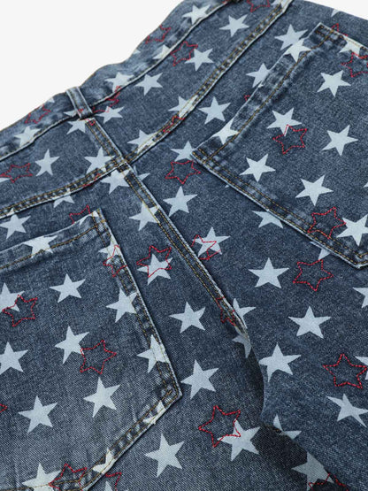Star-Printed Wide-Leg Denim Culottes for Women - Stylish and Comfortable Everyday Wear 