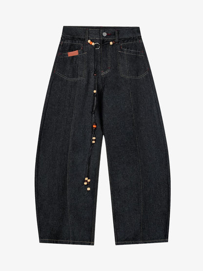 Stylish High-Waisted Denim Trousers with Beaded Drawstring Detail 