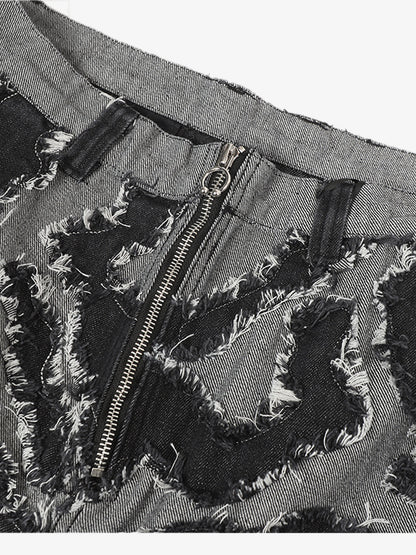 Frayed Zebra Striped Patchwork Wide Leg Jeans 