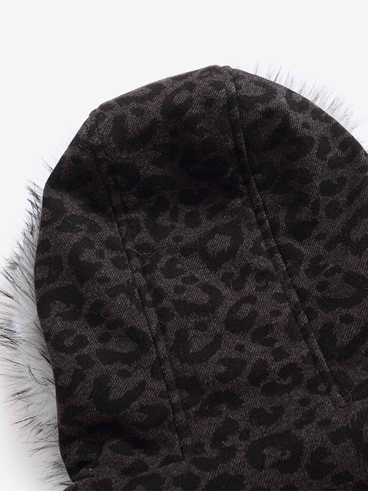Retro Faux Fur Trimmed Hood Leopard Print Bomber Jacket 