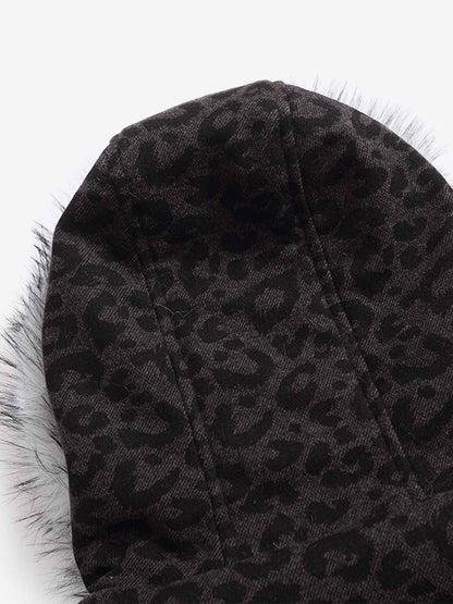 Retro Faux Fur Trimmed Hood Leopard Print Bomber Jacket 