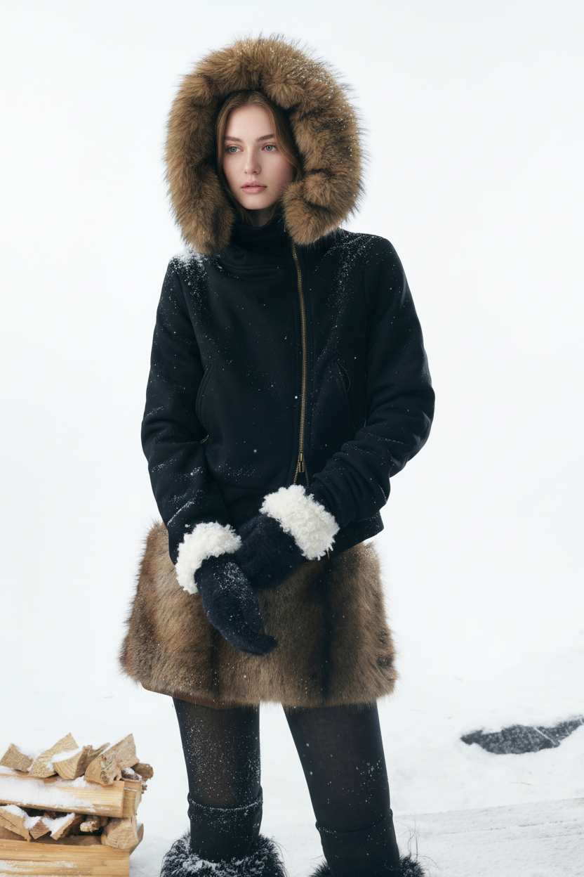 Detachable Fur Hooded Off-Shoulder Cropped Jacket