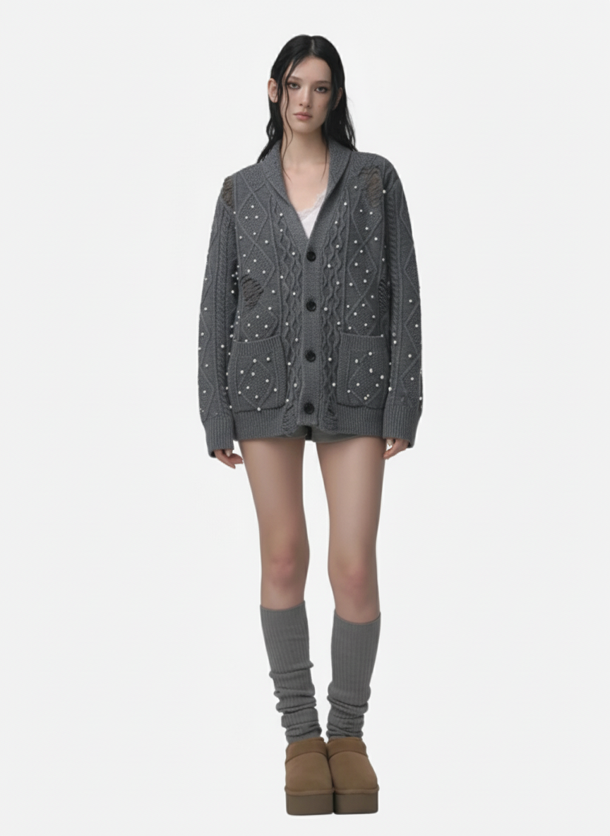 Retro Beaded Crochet Distressed Knit Cardigan