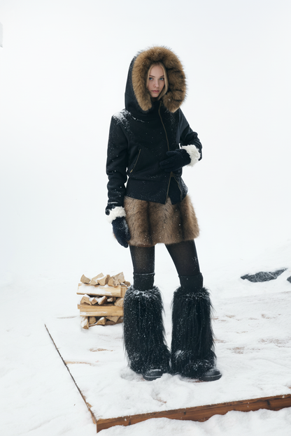 Detachable Fur Hooded Off-Shoulder Cropped Jacket