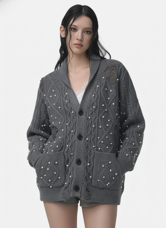 Retro Beaded Crochet Distressed Knit Cardigan