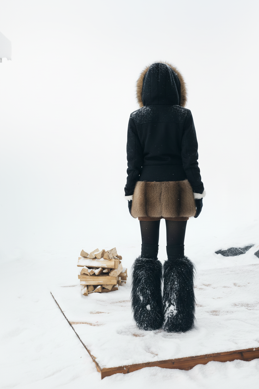 Detachable Fur Hooded Off-Shoulder Cropped Jacket