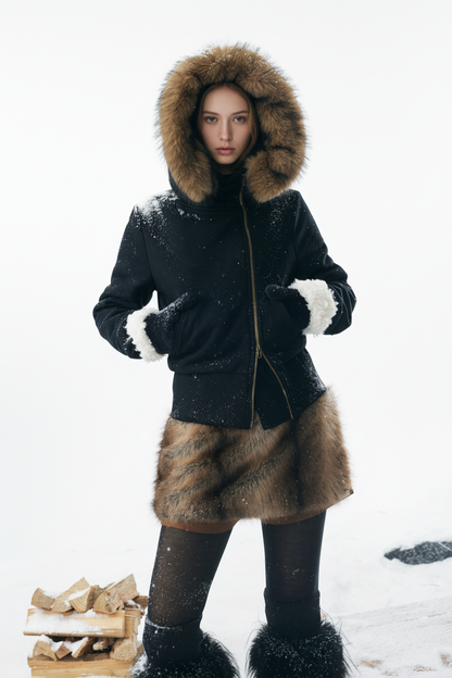 Detachable Fur Hooded Off-Shoulder Cropped Jacket