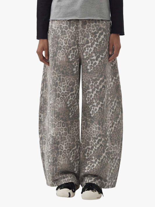 Street Leopard Camouflage Pleated Barrel Jeans