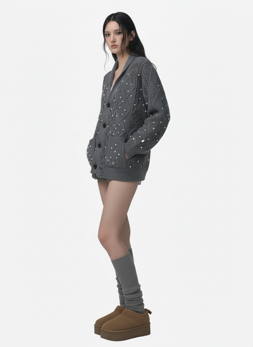 Retro Beaded Crochet Distressed Knit Cardigan